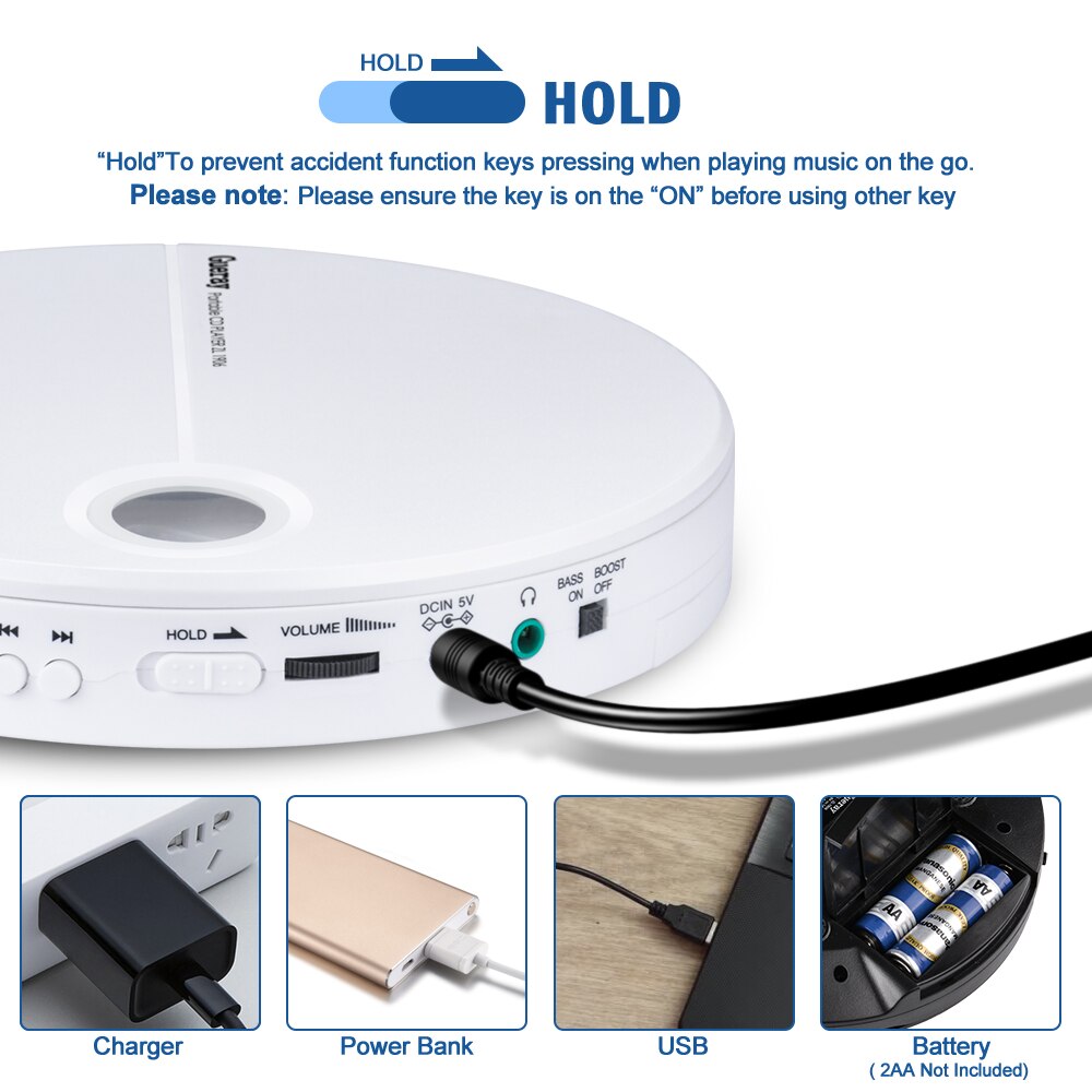 Sports Portable CD Player with Earphone HiFi Sound Compact Disc Player Reproductor CD Anti-Shock Car Audio Music Player White