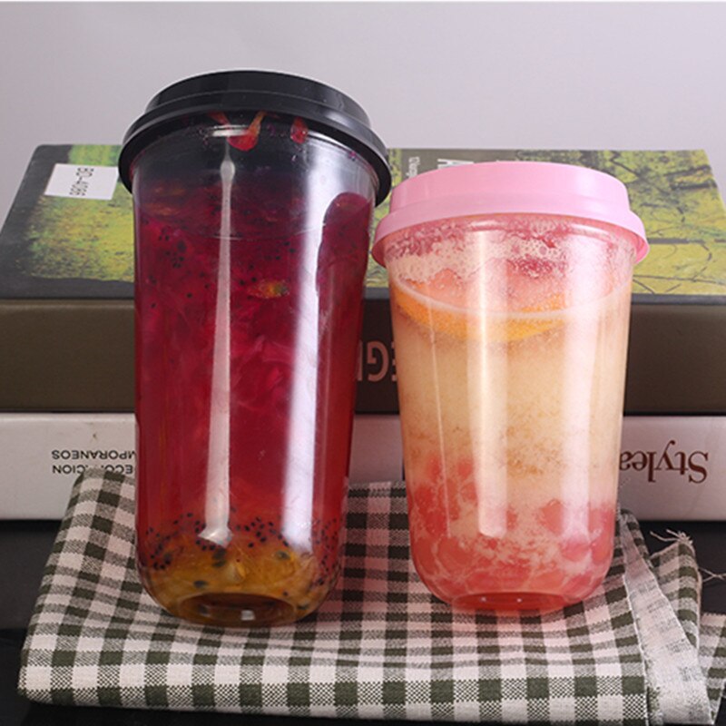 50pcs Disposable plastic cups for drinking 500ml juice coffee takeaway packaging cups with heart stopper lids party favor