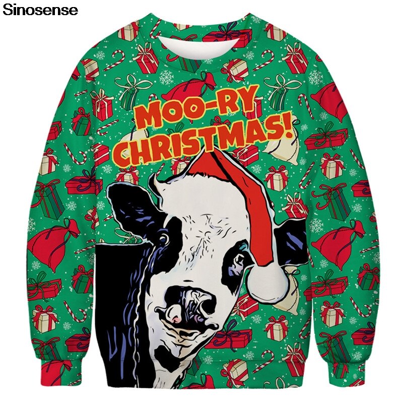 Ugly Christmas Sweater 3D Cows Printed Party Xmas Sweaters Tops Men Women Long Sleeve Hoodie Sweatshirt Pullover Jumpers