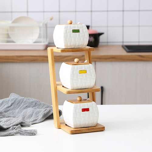 Trapetsformad bambu hylla glaskeramisk tenn krydda låda kruka murare burk lock behållare hemlig förvaring teburk pudding kopp: 14 a 107-8