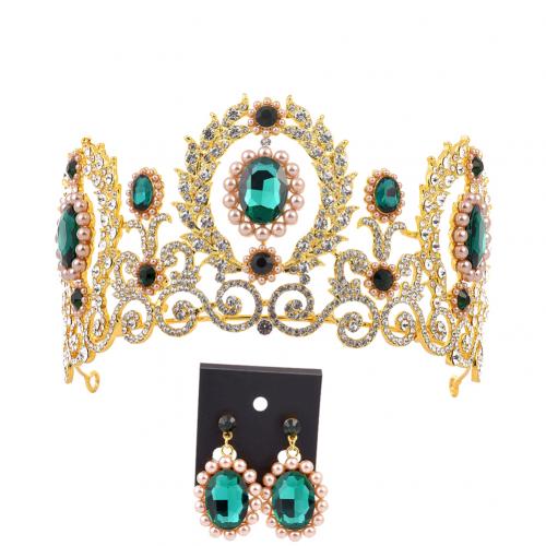 Barroco feminino strass falso pérola coroa tiara brincos conjunto de jóias de casamento: Golden Green