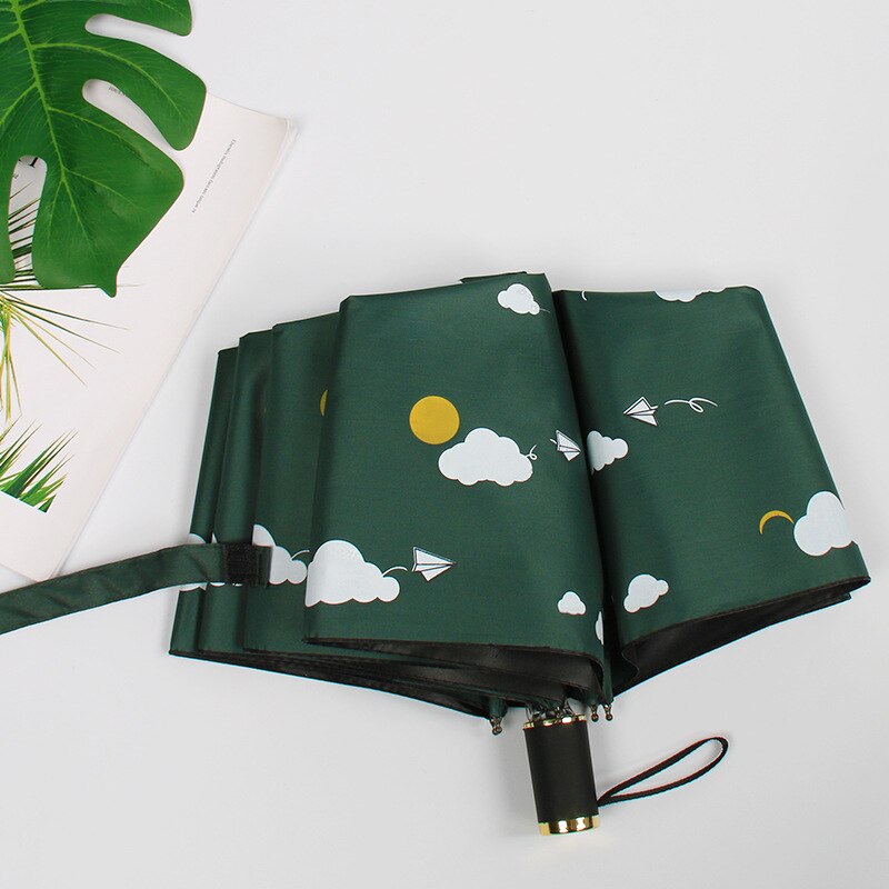 Paraguas plegable de dibujos animados para niño, sombrilla pequeña y fresca, 3 pliegues, Anti-UV, pegamento negro, protector solar, para sol y lluvia: green