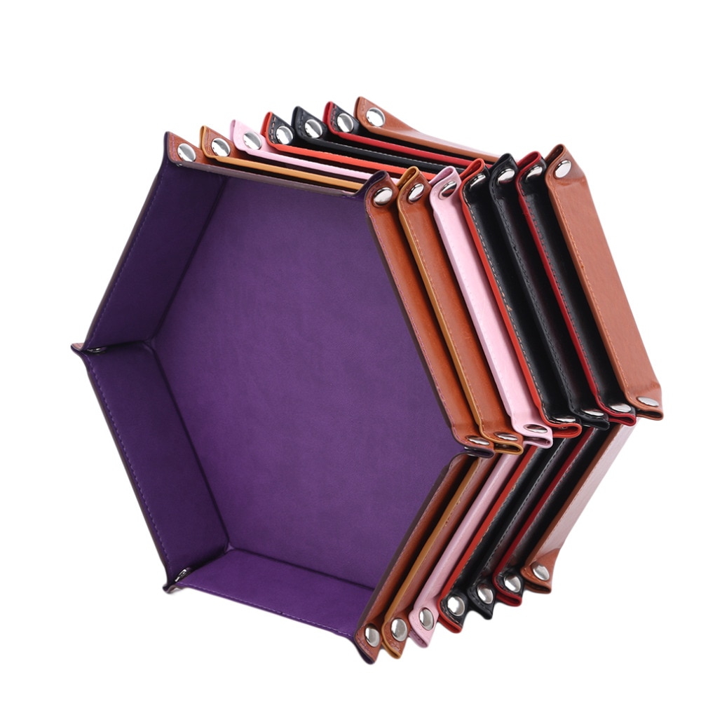 Foldbar sekskant terningebakke lilla terningeboks til rpg dnd spil terning opbevaringsetui 8 farver pu læder