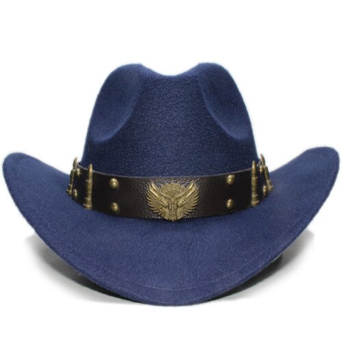 Volwassen wollen fedora's hoeden met leren riem herfst en winter mannen en vrouwen wollen cowboyhoeden grote bolhoed met rand een -152: Marine / Kinderen 54cm