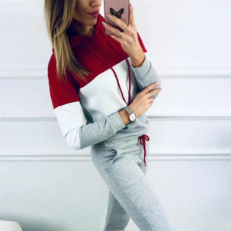 Women Winter sport Tracksuit Sets Lady casual Autumn Long Sleeve Thicken Hooded Sweatshirts 2 Piece Set Female patchwork Suits