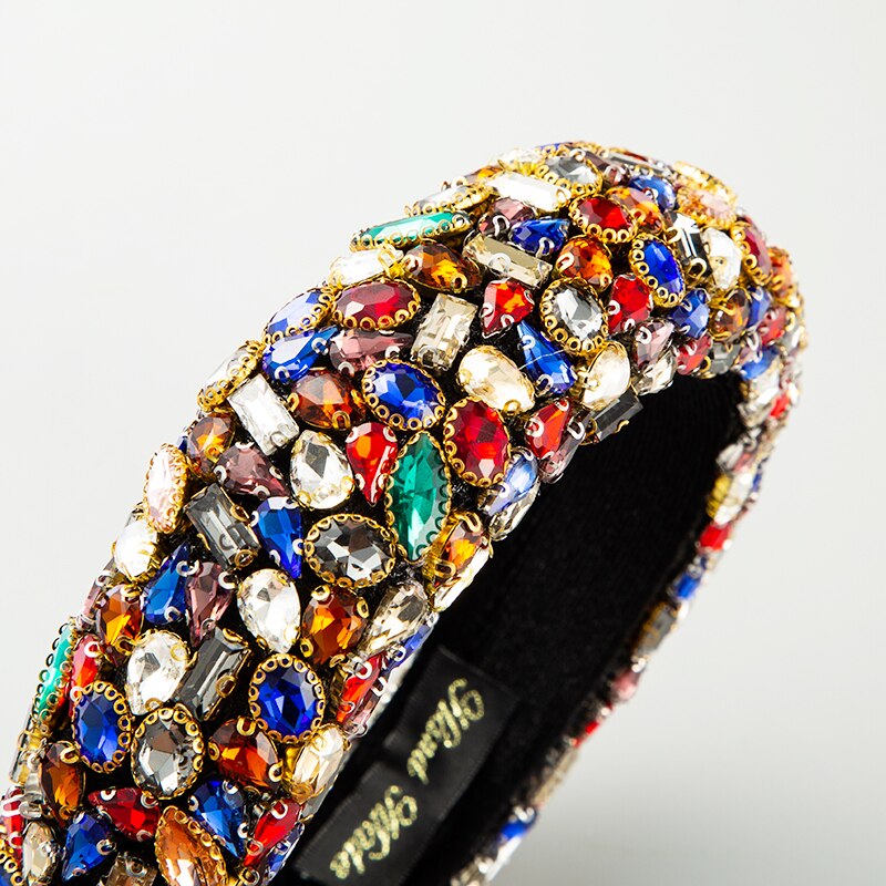 Prachtige Catwalk Kleurrijke Crystal Brede Hoofdband Voor Vrouw Overdreven Geometrische Rhonestone Spons Haarband Vrouw Party Hoofddeksel