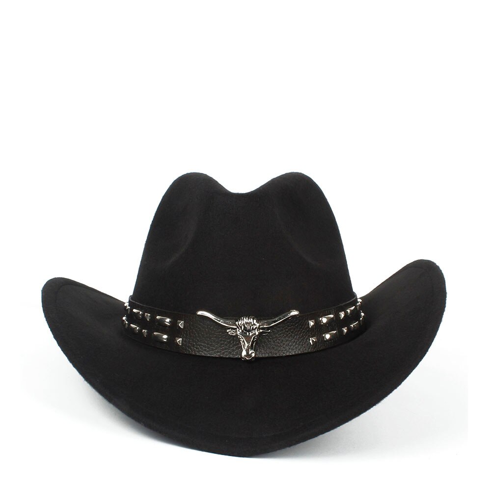 Kvinder mænd hule vestlige cowboy hat med tauren bælte vinter efterår jazz outback jazz toca sombrero cap størrelse 56-58cm: Sort