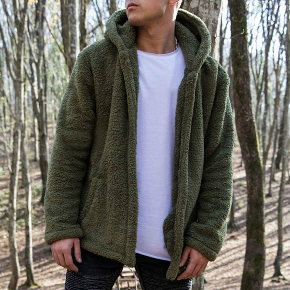 Men Male Casual Winter Warm Teddy Bear Pocket Coat Fleece Fur Jackets Hoodies Outwear: Green / M