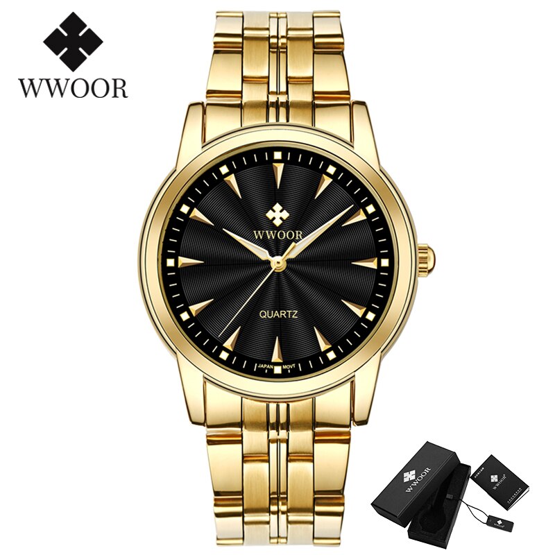 WWOOR Top Brand Luxury Gold Watches For Men Stainless Steel Casual Business Quartz Mens Wrist Watch Waterproof Relogio Masculino: Gold Black
