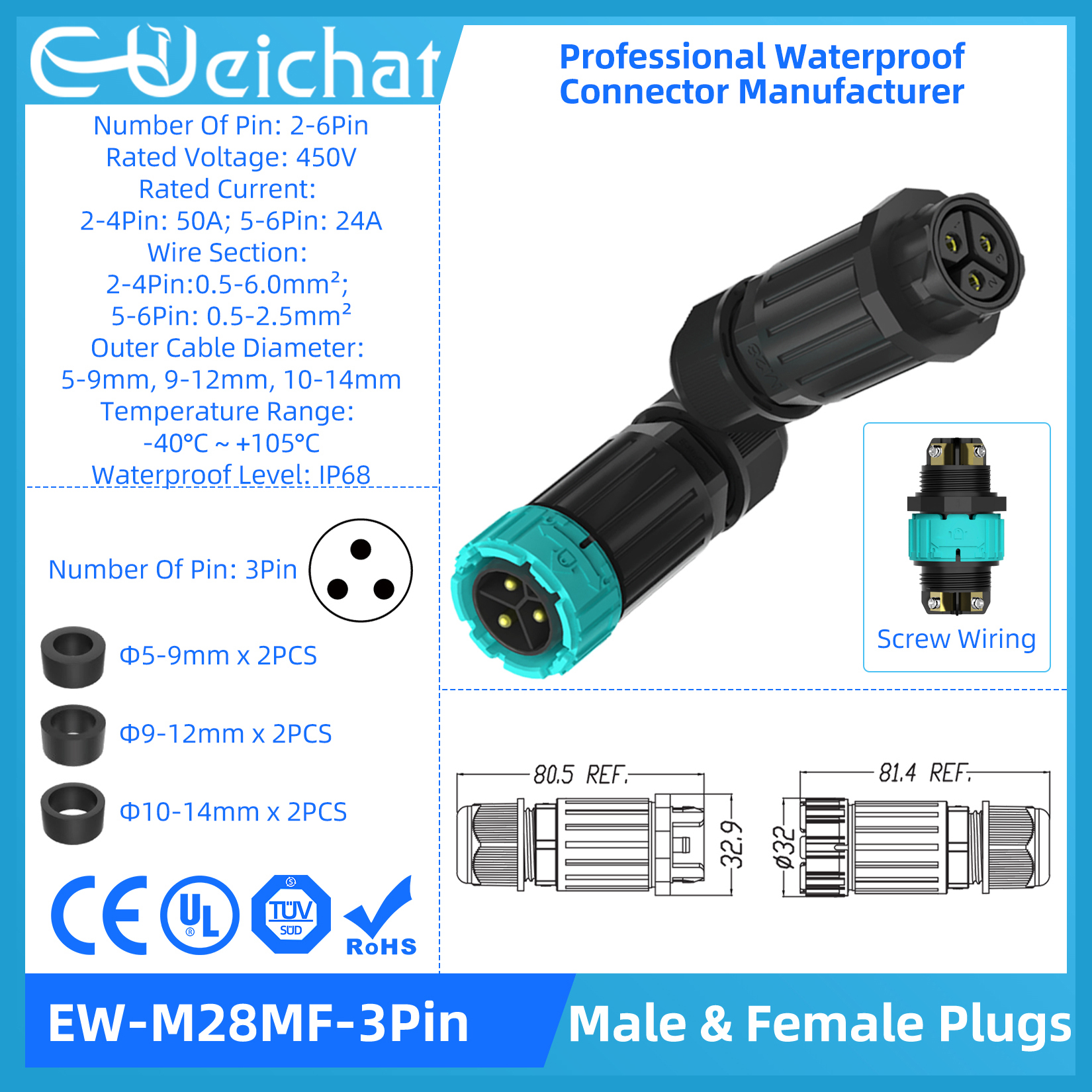 Conector eléctrico Circular de aviación, conector a prueba de agua IP68, desbloqueo rotativo, Serie de enchufe macho y hembra, M15-M28: Blanco