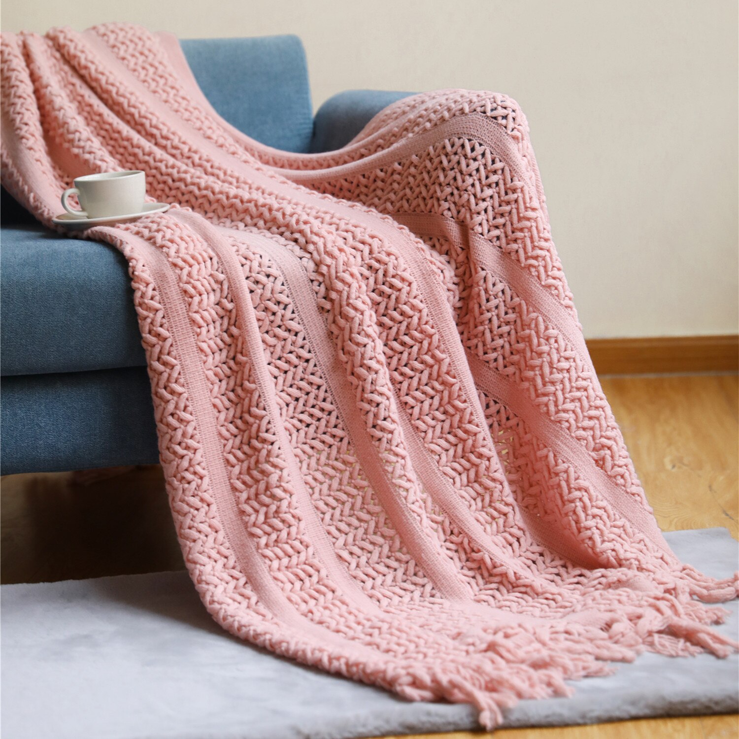 Couverture nordique tricotée à franges, plaid de voyage pour canapé, jaune, bleu, rose, vert: pink / 127x152cm