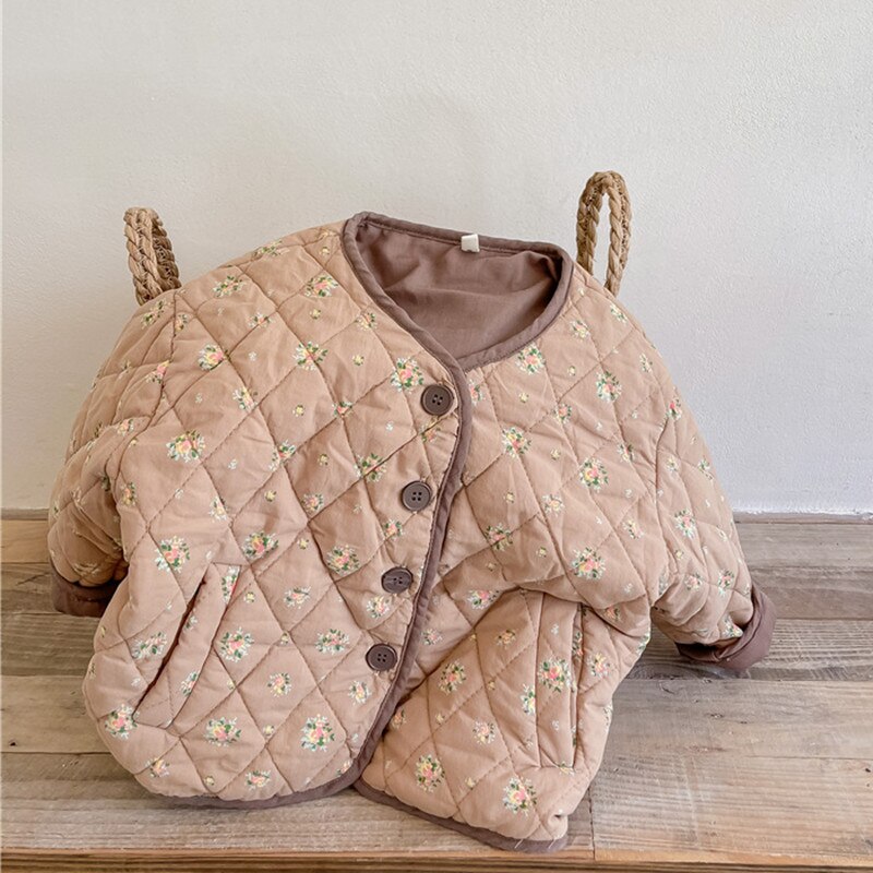 Nuovi vestiti per bambini in stile coreano invernale cappotti trapuntati per bambina stampati floreali addensare capispalla imbottiti in cotone per bambini caldi