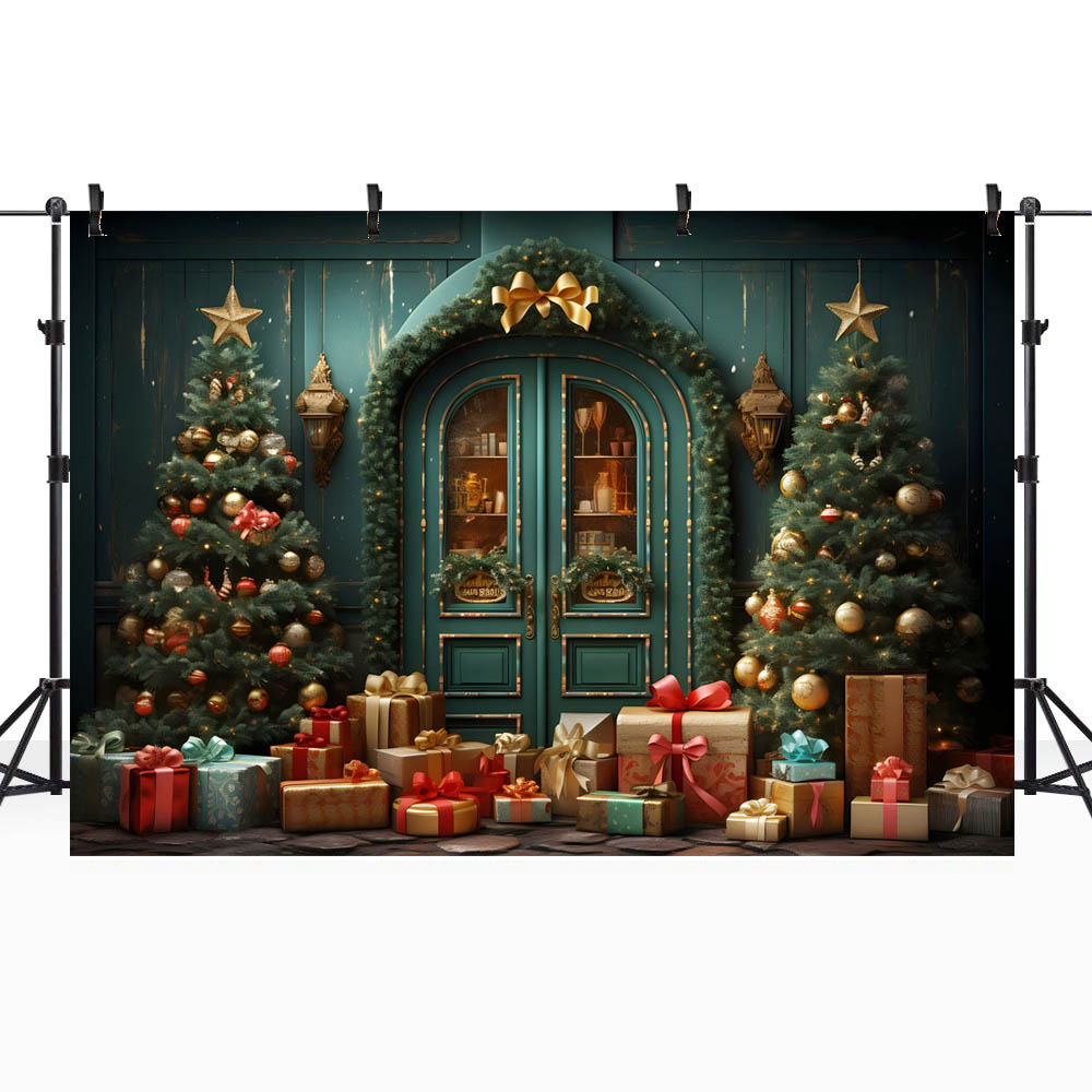 Mocsicka sfondo di natale porta da parete verde albero di natale campana d'oro regali ritratto di famiglia fotografia sfondi puntelli per Studio fotografico