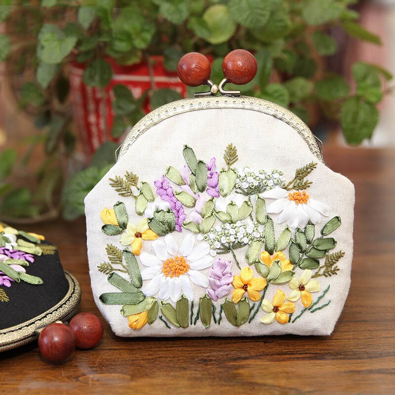3D DIY Ribbon Embroidery Bag Set, Needlework Kits Cross Stitch Chain Bag with Hoop,Handmade Swing Purse Wallet: C
