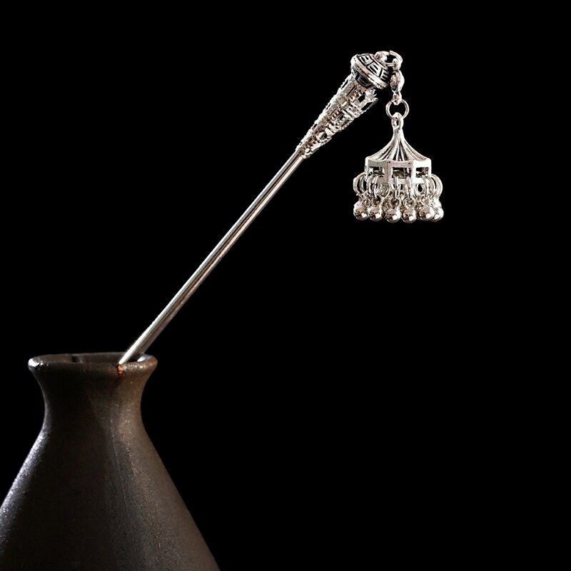 Épingle à cheveux en forme de cloches indiennes, Vintage, couleur argent, pendentif de pompon en perle ethnique, bâtons de cheveux, bijoux