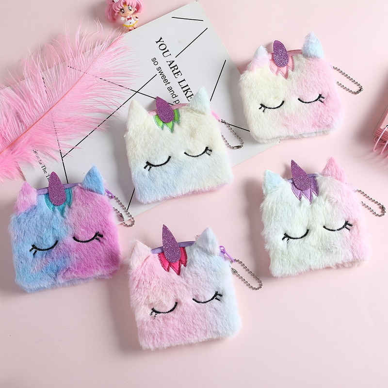 Cartoon Plush Unicorn Coin Purse Cute Cat Fur Circle Wallet Girl Clutch Embroidered Bag Key Earphone Organizer Pouch Kids Gift