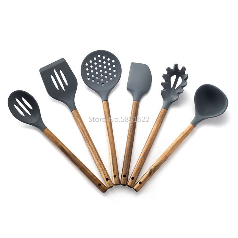 Silicone Cooking Utensil Set of 6, Nonstick Cooking Spatulas, Spoon, Strainer, Slotted Spoon, Pasta Fork, Best Kitchen Gadgets