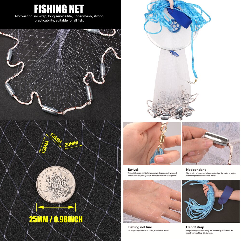 Cast Nets 2.4M-4.8M With Sinker USA Style Catch Fishing Net Mesh Tyre/Monofilament Thread Fly Hand Throw Gill Network