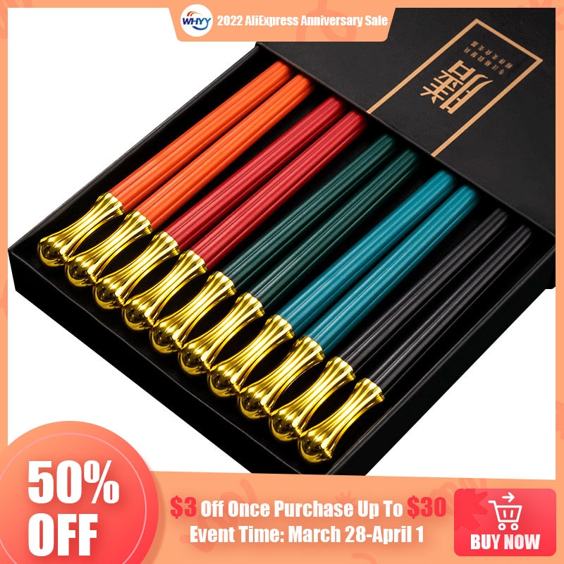 Japanese Chinese Chopsticks for Non-slip Food Sushi Sticks Reusable Metal Korean Healthy Alloy Chopsticks Set Tableware 5 Pairs