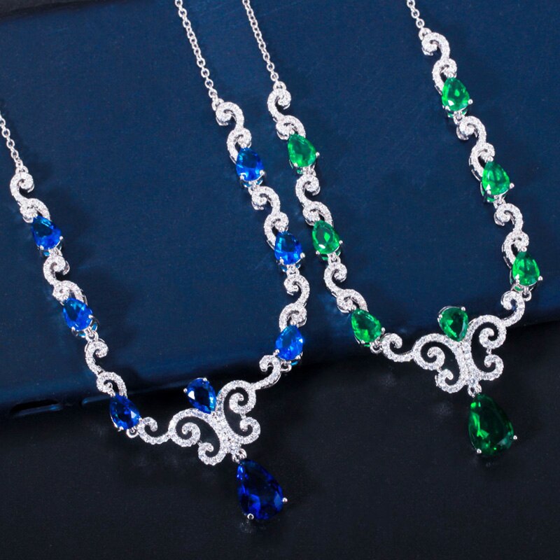 Pera Jahrgang Silber Farbe Zirkonia aufbringen Wasser Tropfen Frauen Hochzeit Halskette Ohrringe königlich Blau CZ Schmuck einstellen J352