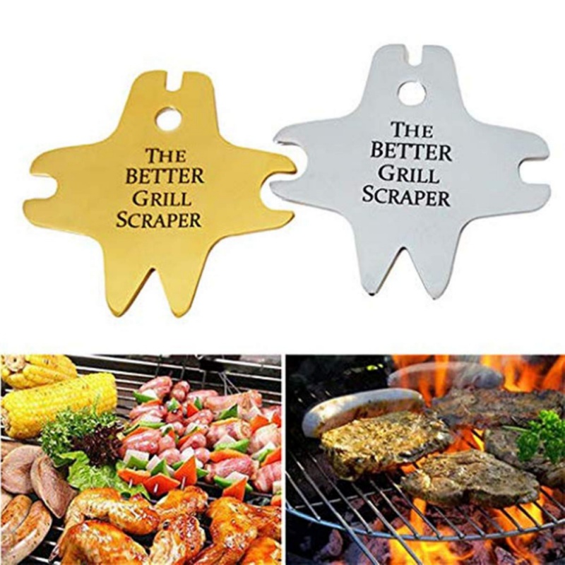 Goldene Silber mit Buchstaben Edelstahl Grill Schaber Tragbare BBQ Zubehör Reinigung Klinge Grill Reinigung Werkzeug