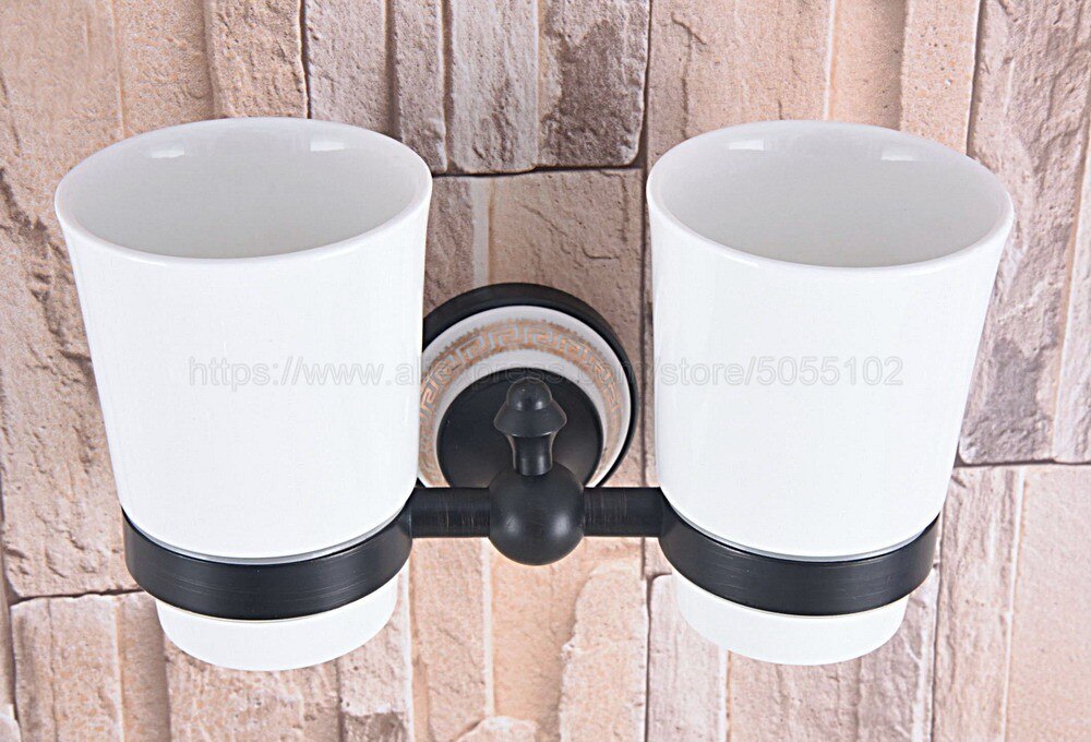 Black Oil Rubbed Bronze Bathroom Accessory Wall Mounted Toothbrush Holder with Two Ceramic Cups zba710