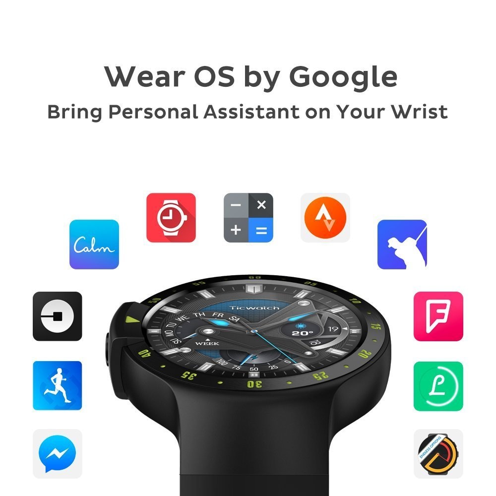 TicWatch S Zwart Smart Horloge Bluetooth Smartwatch met GPS Android & iOS Compatibel Google Dragen OS IP67 Mobvoi Originele