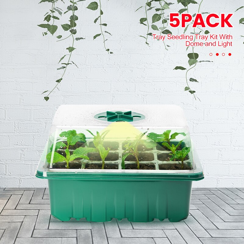 5Pack Greenhouse Planter Box Kit 12 Holes Nursery Pot Plant Seedling Tray with Growth Light Garden Cultivation Seeding Plant Pot