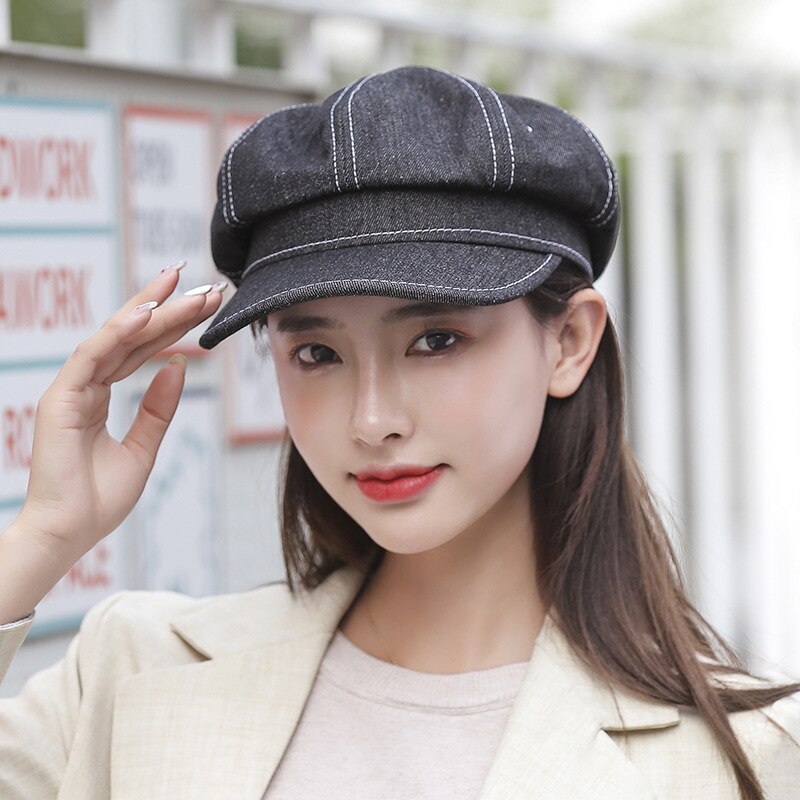 Spring Blue Cowboy Octagonal Hat Girl'S Japan Harajuku Literature Bay Hat Light Printmaker Hat Male Retro Beret Caps: Black