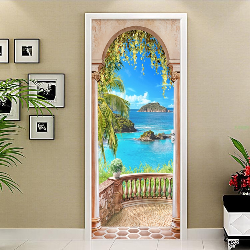 Pegatina de decoración de Puerta del hogar 3D foto de la playa Mural papel pintado sala de estar dormitorio PVC autoadhesivo impermeable pegatinas creativas DIY