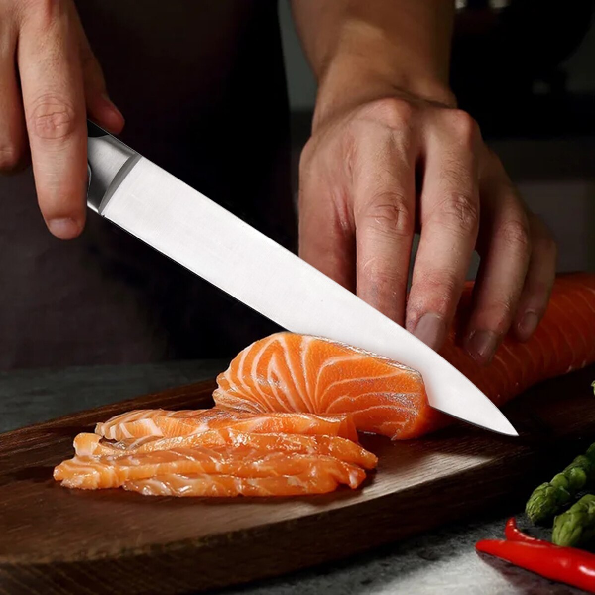 Cuchillo de cocina para Chef, utensilio de acero inoxidable para filetear pescado, Sashimi, Sushi, salmón, cortador de frutas y verduras