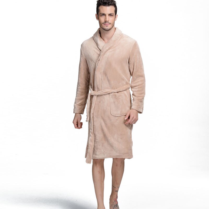 Badekåbe mænd vinter tyk flannel morgenkåbe mænd mandlig lang koral fleece badekåbe mand plus størrelse xxl pyjamas nattøj kimono kåbe: Khaki / Xl (170-180cm)