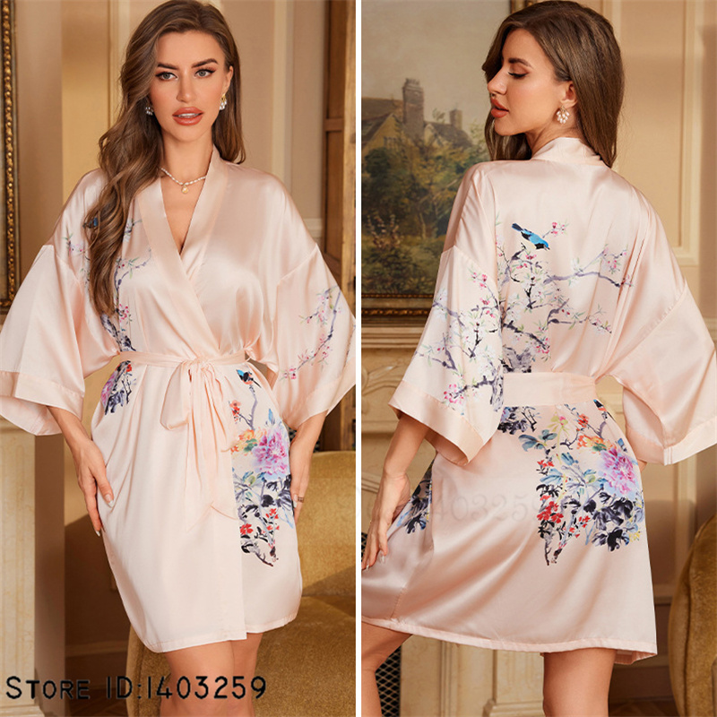 Chinese Stijl Print Badjas Nachtkleding Zomer Ijs Zijde Kimono Badjas Loungewear Casual Dames Kamerjas Nachtkleding: Black