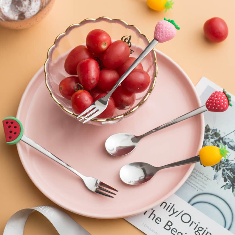 Stainless Steel Fruit Fork Dessert Coffee Spoon Color Fruit Pattern Mixing Scoop Tableware Cutlery Dinnerware Set Kitchen Tool