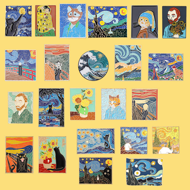 Pintura al óleo de cielo estrellado, girasol, chica, geométrico de metal, insignias, broche, alfileres de esmalte, etiqueta, bolsa, mochila, sombrero, de joyería
