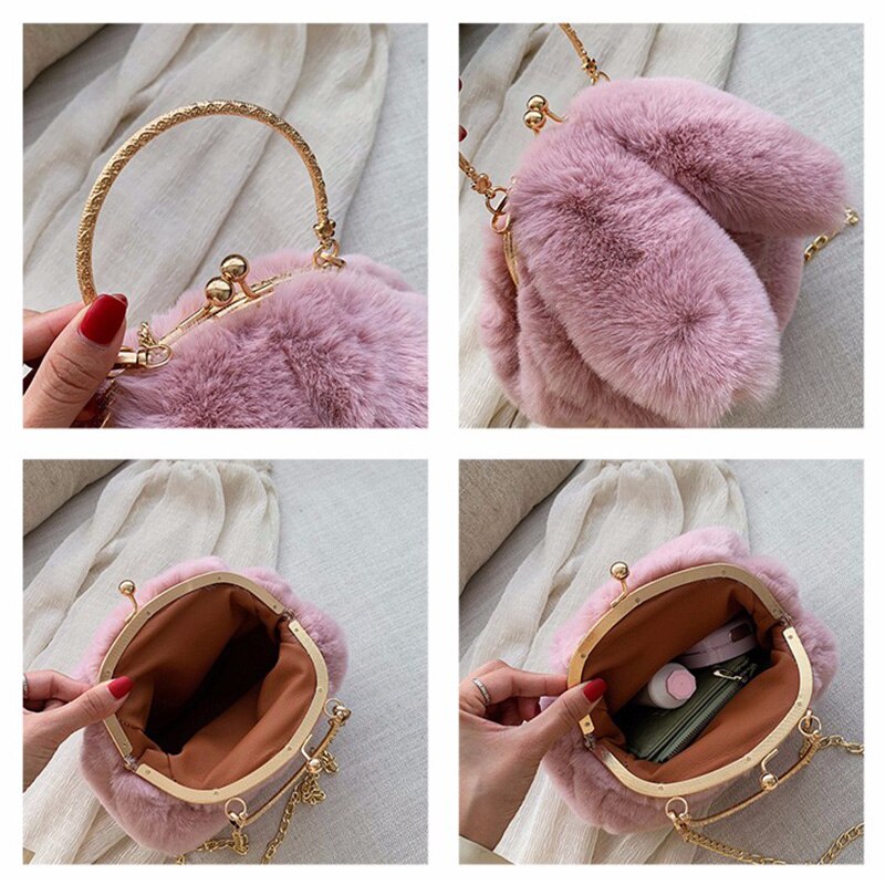 Hocodo Faux Fur Pluche Crossbody Tassen Voor Vrouwen Konijnenoren Leuke Tassen Keten Messenger Bag Dames Handtassen En Portemonnees bolsas
