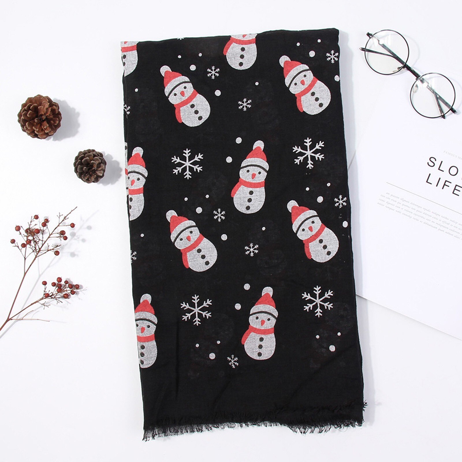 Christmas Women's Winter Scarf Women Snowman Snowflake Cartoons Printing Scarves Warm Tassel Long Scarf Shawl Pashmina Lady