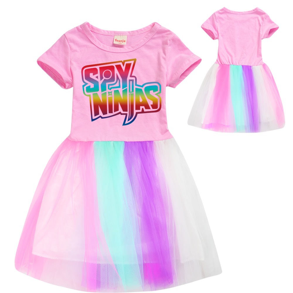 Spy Ninjas A Kids Clothes Knee-Length Dresses Cotton Rainbow Full Dress Teenagers Cartoon Girls Clothing Party Clothes: Pink / 150cm