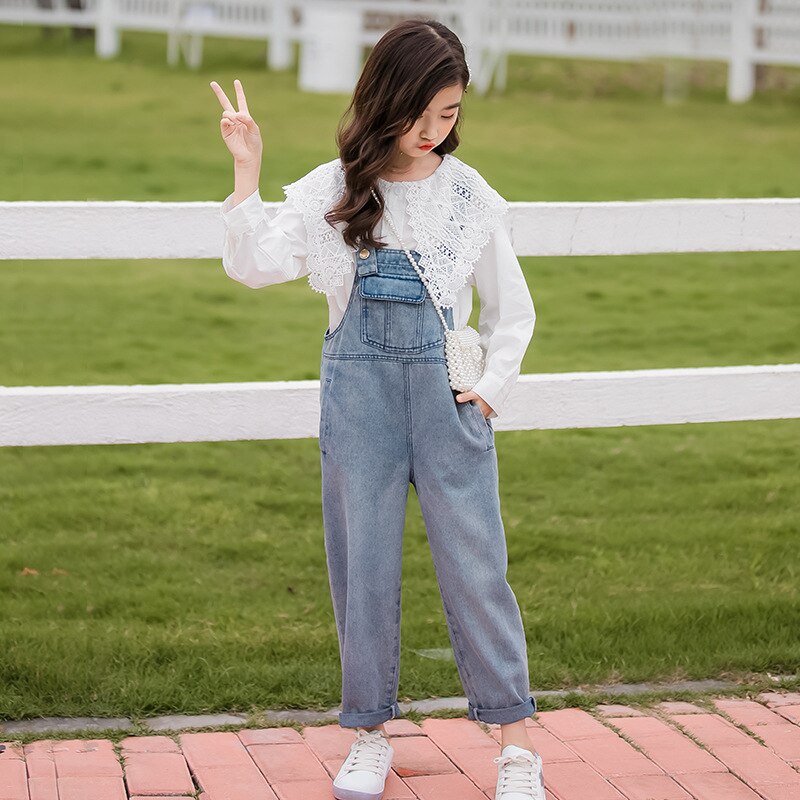 Monos de primavera para niños, Mono vaquero holgado para niñas, pantalones vaqueros para niños, ropa sólida para niñas, salopetas para estudiantes, 12, 13 y 14 años
