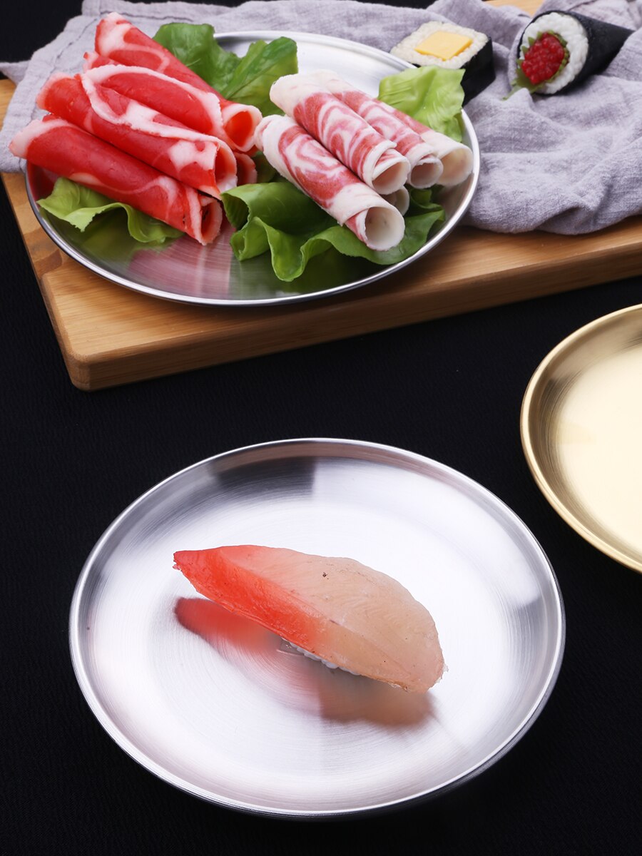 Japan Korean Stainless Steel Platter Plate Restaurant Barbecue Meat Flat Cake Sushi Dish