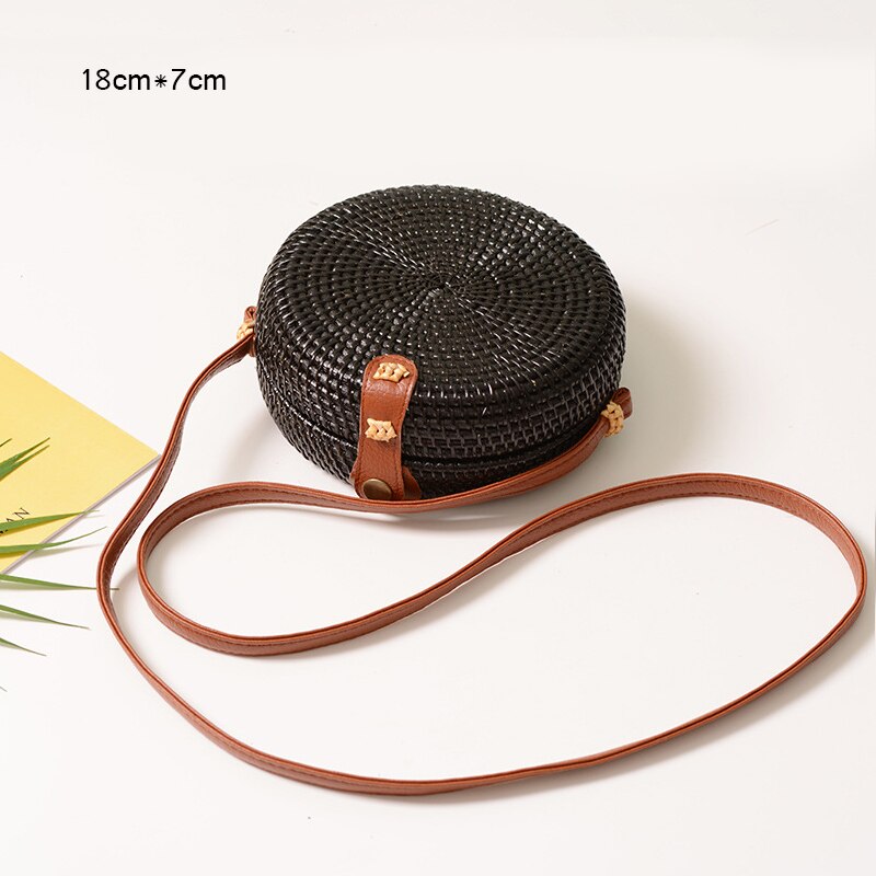 Women Shoulder Bad Rattan Sele Mini Round Retro Literary Leather Buckle PU Strap Handmade Woven Lady Beach Crossbody Bags: BT6014