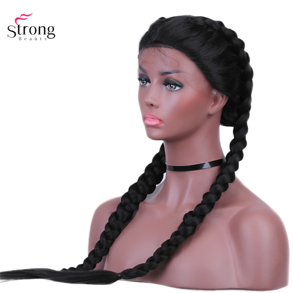 Perruque Lace Front Wig synthétique deux tresses françaises, perruque lace Wig longue noire avec cheveux de bébé pour femmes