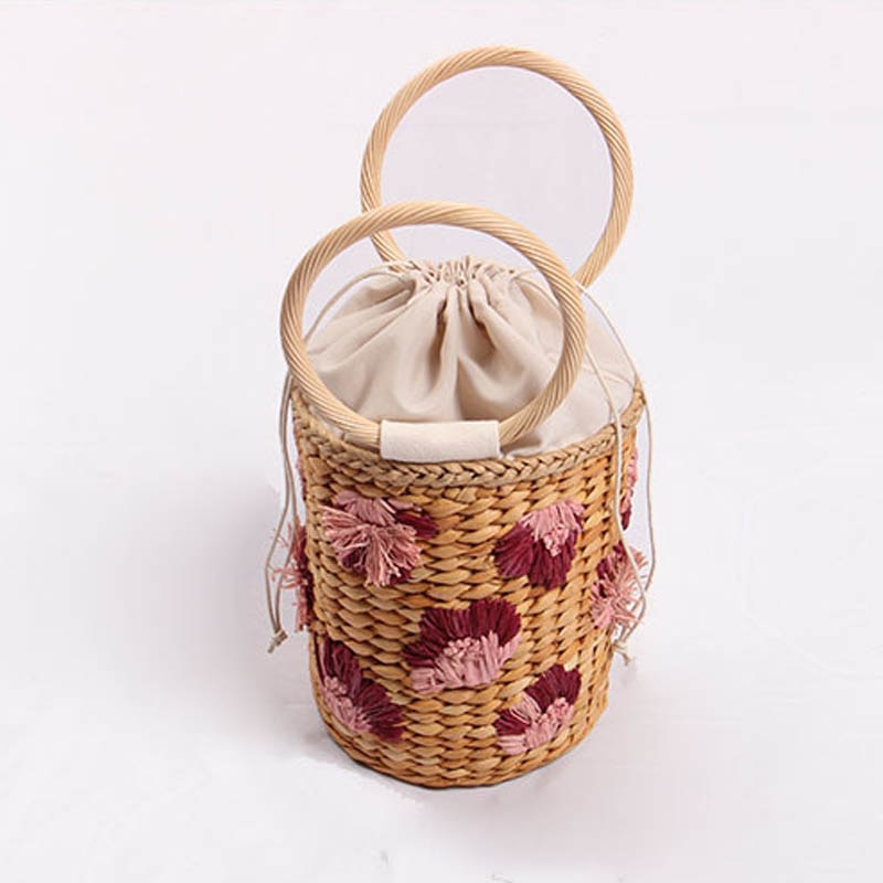 three-dimensional flower hand-held straw woven bag lovely bucket hand woven bag women's Beach handbags