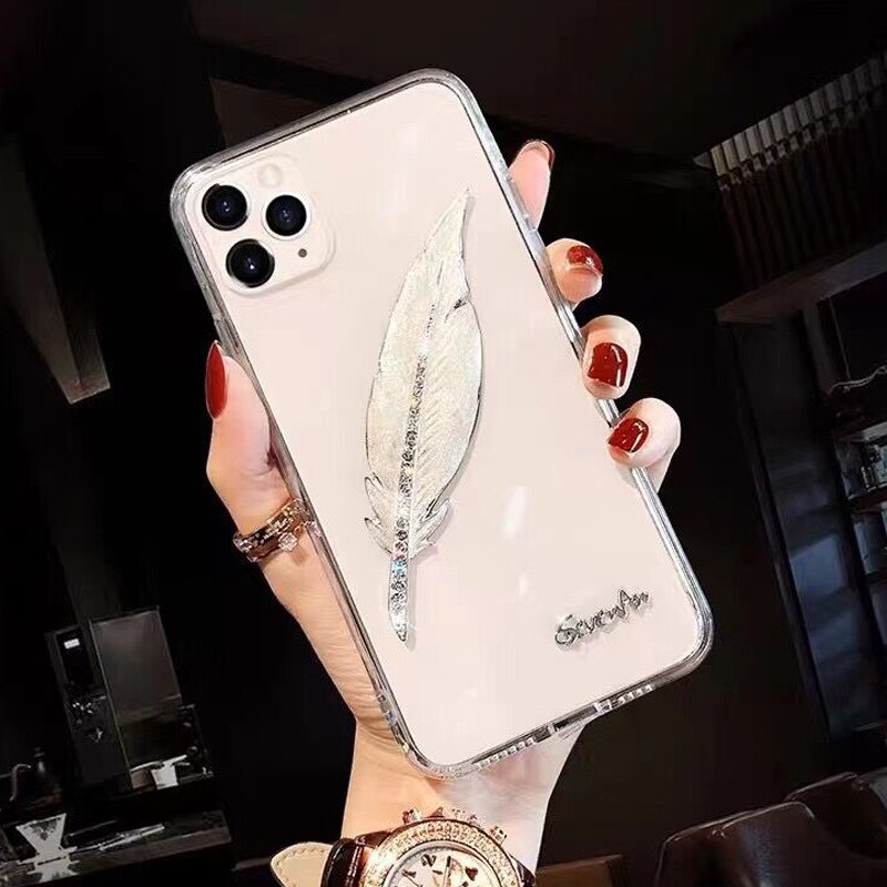 Custodia morbida trasparente con strass diamante piuma per iPhone 12 11 13 Pro Max X XR XS Max 7 8 Plus SE 2020 custodia per donna