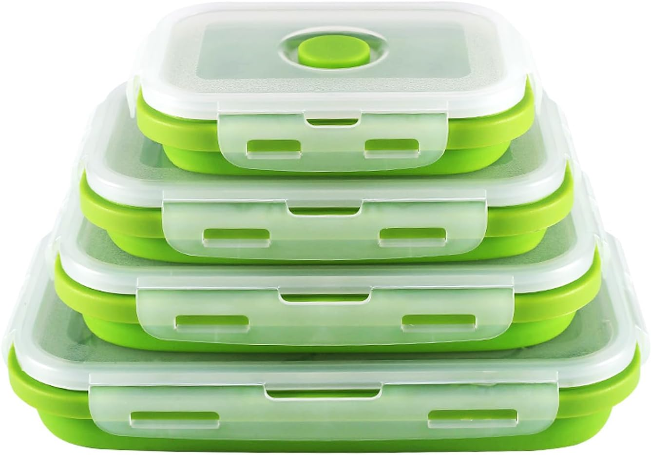 4 Pack Silicon Lunch Box Flat Stacks Collapsible Food Storage Containers With Lids Leftover Meal Box For Kitchen BPA Free: green