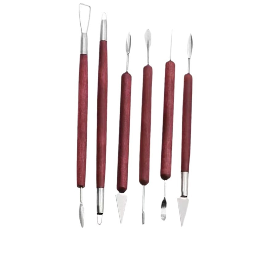 6 unids/set herramientas de alfarería cuchillo de alambre de doble punta de madera roja para reparación de arcilla, juego de herramientas de tallado de escultura de arcilla Kit de herramientas de cerámica: Default Title