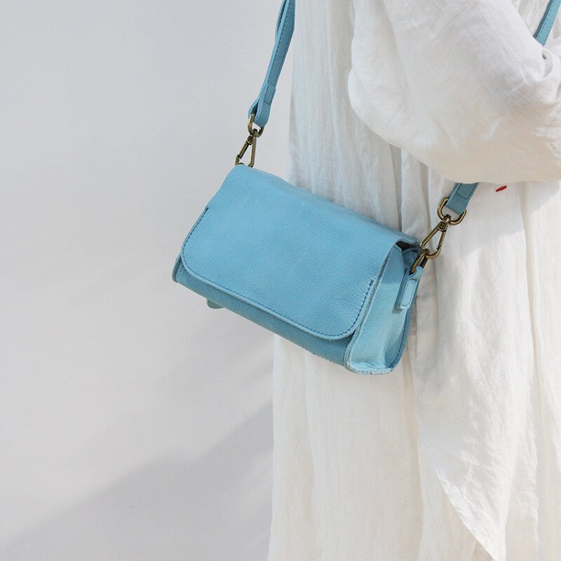 small bag small square bag versatile flip single shoulder slant across the top layer of leather retro women's bag: aqua Blue