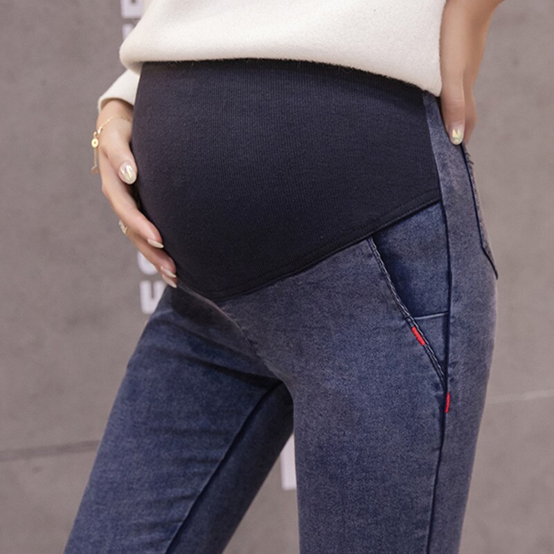968#  vaskede super stretch denim gravidbukser efterår forår skinny pencil jeans til gravide gravide mavebukser: Blå / Xl