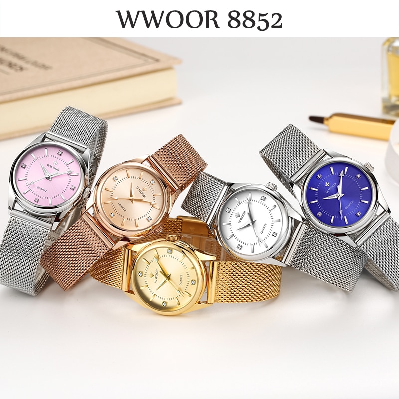 Woor luksus mærke kjole guldur dame diamant små quartz armbåndsure til kvinder stål mesh ur zegarek damski