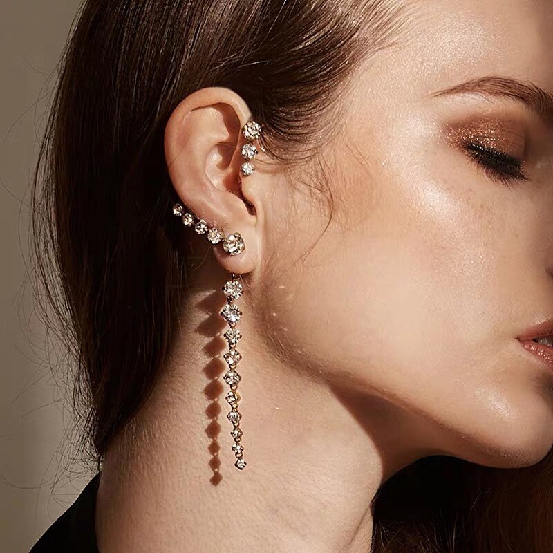 FLASHBUY Single Korean Rhinestone Earrings Shiny Drill Arc Ear Hanging Clip Earrings for Women Minimalist Ear Cuff